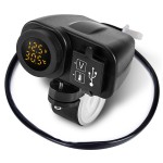 Priza USB x 2 si Voltmetru si termometru digital moto, led galben, culoare negru